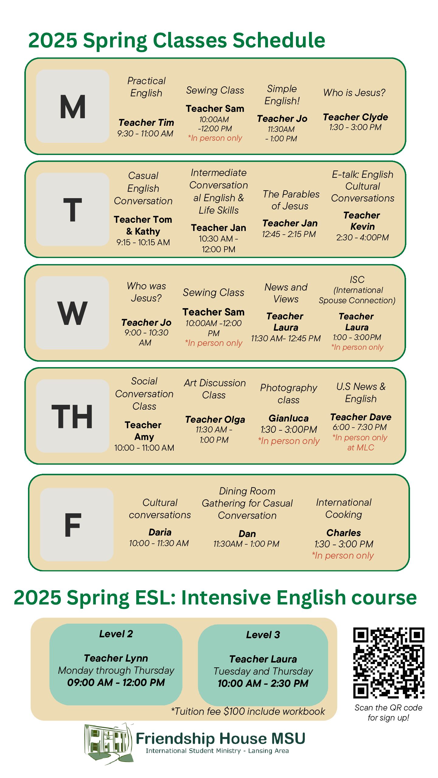 2025 Spring Schedule of classes FRIENDSHIPHOUSE MSU